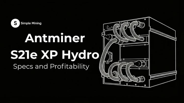 Cover graphic on black background featuring the 'Simple Mining' logo, large text 'Antminer S21e XP Hydro Specs and Profitability', and a line render of the liquid-cooled miner.