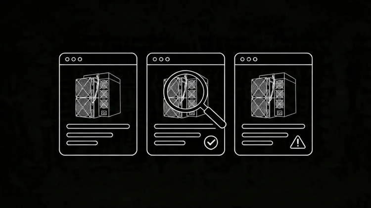 Three illustrative product cards comparing used miner listings: the middle card features a magnifying glass and checkmark for verified status, while the right card has a warning triangle.