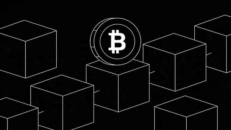 A line drawing illustration on a black background, featuring a Bitcoin icon on top of a central connected block, with other blocks linked together to form a blockchain diagram.