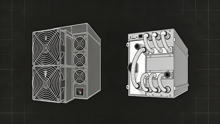 Line-art illustration comparing a traditional air-cooled ASIC miner (left, with fans) to an advanced hydro-cooled ASIC miner (right, with coolant hoses).