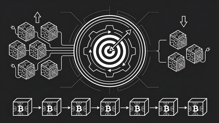 This infographic illustrates how rising hashrate (left) leads to faster blocks, triggering a central difficulty recalibration every 2,016 blocks to restore a 10-minute block target (bottom).