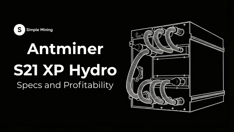 White line-art of an Antminer S21 XP Hydro liquid-cooled miner. Logo and text: Antminer S21 XP Hydro, Specs and Profitability.