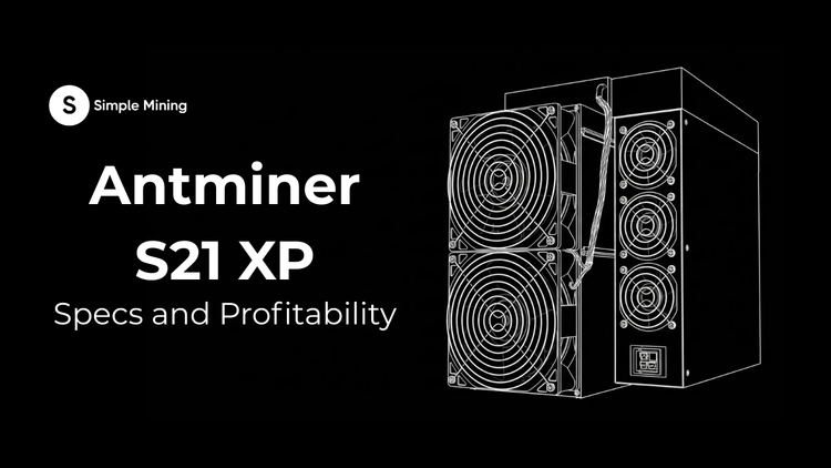 White line-art of an Antminer S21 XP air-cooled miner. Logo and text: Antminer S21 XP, Specs and Profitability.
