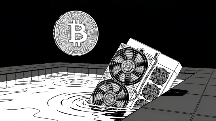 Black and white illustration of an ASIC Bitcoin miner sinking into a swimming pool with a Bitcoin coin floating above, representing Bitcoin mining pools