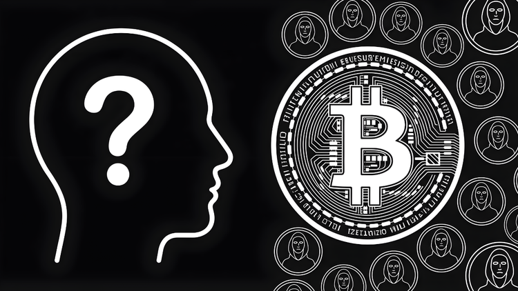 Black-and-white illustration of a head silhouette with a question mark beside a Bitcoin coin surrounded by anonymous hooded figures representing Satoshi Nakamoto's unknown identity. 