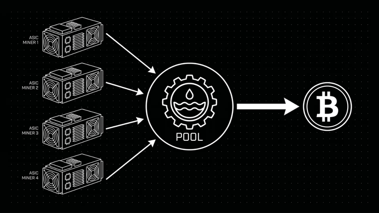 Diagram of a Bitcoin mining pool: four ASIC miners combine hashrate at a central pool, which earns and distributes Bitcoin rewards to participants.