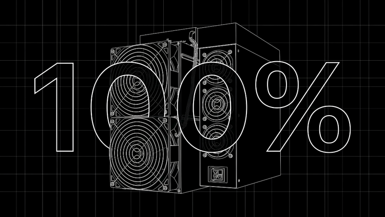 Bitcoin ASIC miner illustration with a large 100% graphic, representing 100% bonus depreciation for Bitcoin mining hardware in 2026 under the One Big Beautiful Bill Act.