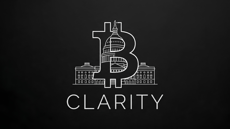 Bitcoin logo merged with the U.S. Capitol dome and flanking government buildings above the word CLARITY, illustrating the CLARITY Act's regulatory framework for Bitcoin.