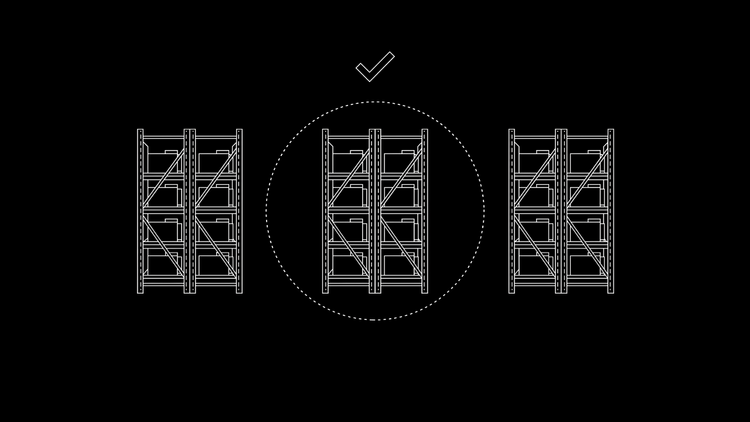 White line art schematic of three Bitcoin mining racks on black, with the center rack circled and checkmarked to represent choosing a Bitcoin mining hosting provider.