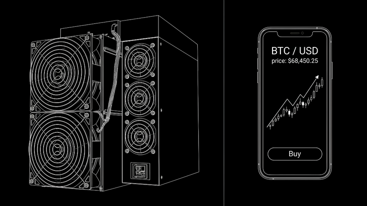 Mining vs buying Bitcoin: split line-art illustration showing a Bitcoin ASIC miner on the left and a phone with a BTC/USD price chart and Buy button on the right.