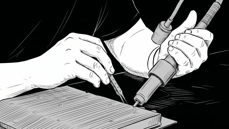 Black-and-white line-art illustration of a Bitcoin ASIC hashboard repair in progress: technician hands operate a soldering iron and probe on the board.