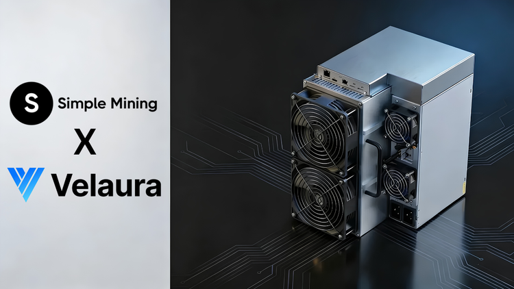 Simple Mining and Velaura AI partnership announcement: Velaura AI Teraflux AT2880 Bitcoin miner on a dark circuit-pattern background, branded as a Simple Mining x Velaura collaboration.