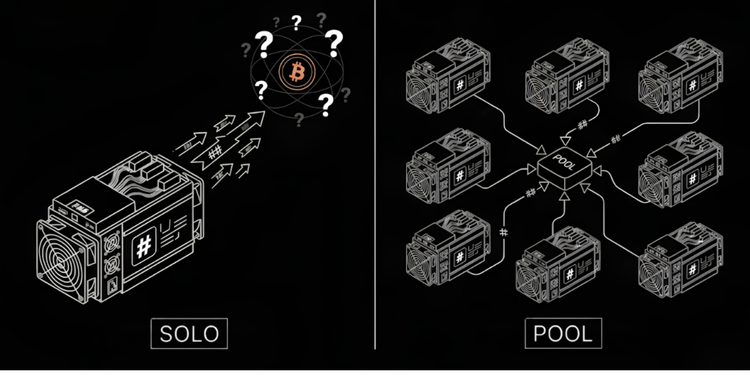 Solo Bitcoin mining: one ASIC, low odds, high uncertainty. Pool mining: eight ASICs sharing steady rewards and distributed risk.