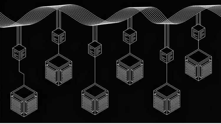 Black-and-white line-art of decentralized Bitcoin mining with DATUM. Six ASIC miners each construct their own block template, all linked to a flowing Bitcoin network ribbon above.