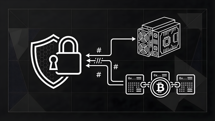 Monochrome line-art diagram showing how Proof of Work secures Bitcoin's blockchain through ASIC mining and cryptographic hashing connecting to a padlocked security shield.