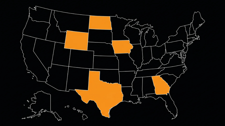 Monochrome U.S. map with Iowa, Texas, Wyoming, Georgia, and North Dakota highlighted in Bitcoin orange as the best states for Bitcoin mining hosting in 2026.