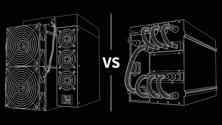 Air-cooled Bitcoin ASIC miner with three front fans on the left versus a hydro-cooled ASIC miner with four coolant hose loops on the right, comparing miner cooling formats.
