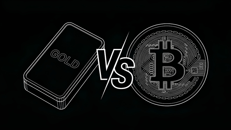 Black-and-white line-art illustration comparing gold and Bitcoin: a gold bar labeled "GOLD" on the left and a Bitcoin coin with circuit-board detail on the right, with "VS" between them.