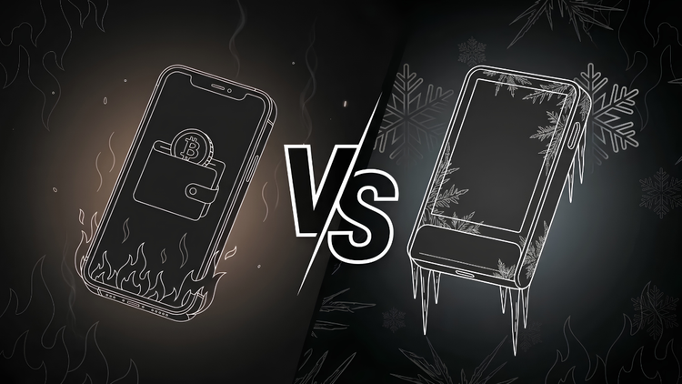 Line illustration comparing a hot wallet and cold wallet: a flaming smartphone with a Bitcoin app on the left, a frost-covered phone on the right, split by a bold VS divider.