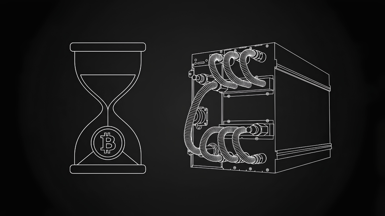 Line illustration of an hourglass holding a Bitcoin symbol beside a hydro-cooled ASIC miner, representing how long it takes to mine 1 Bitcoin.