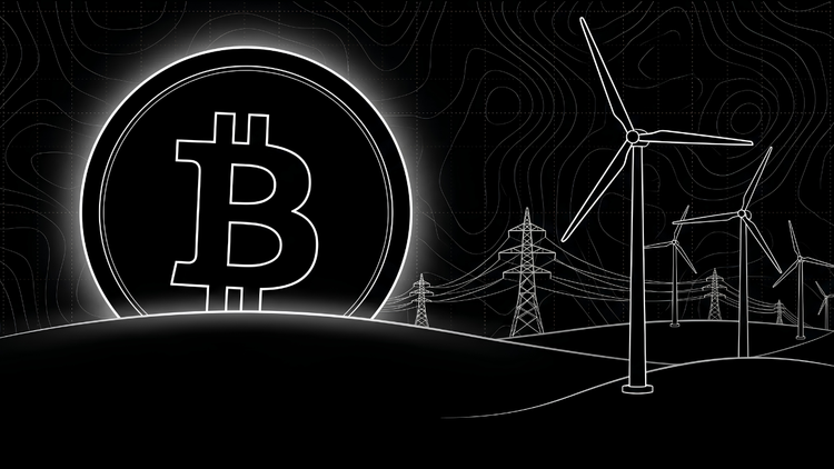 A glowing Bitcoin symbol rises like a sun over a wind farm of turbines and transmission lines, in white line art on black, evoking Bitcoin mining powered by renewable energy.