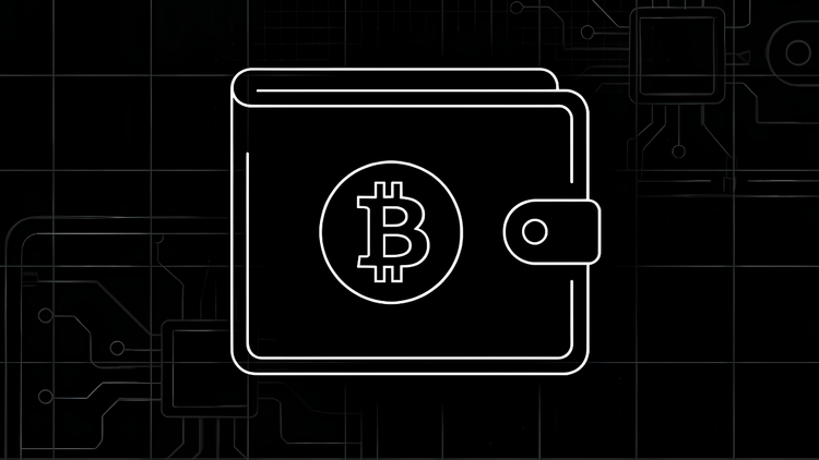 Line-art Bitcoin wallet holding a Bitcoin coin on a dark circuit-board background, illustrating what a Bitcoin wallet is and how it stores the keys that control your Bitcoin.