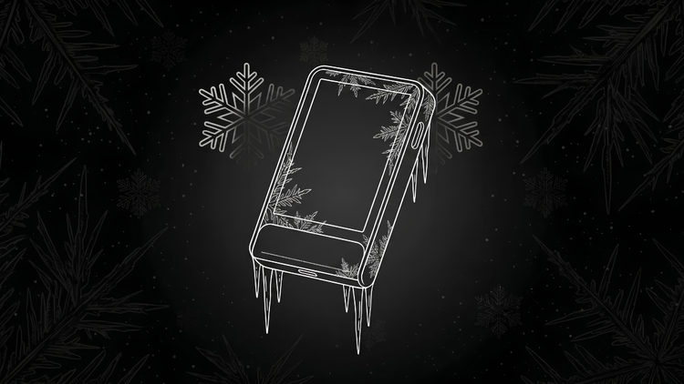 White line-art illustration of a frost-covered hardware cold wallet with icicles and snowflakes on a black background, representing offline Bitcoin cold storage.