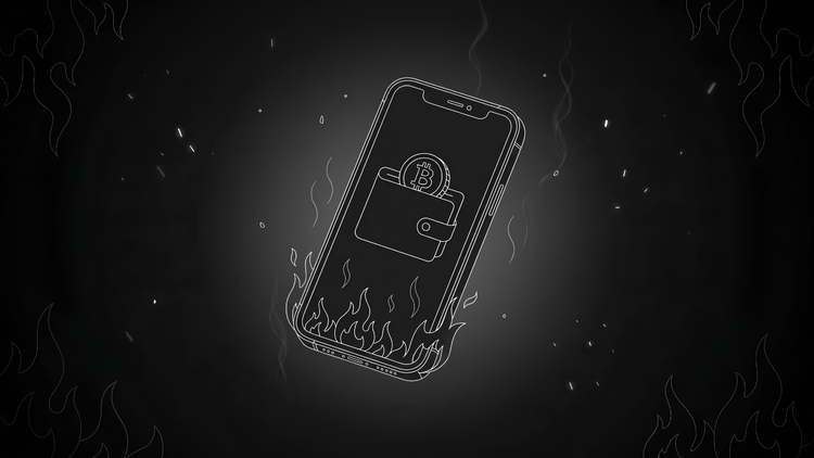 Line illustration of a smartphone showing a Bitcoin wallet app with flames rising from the bottom, representing a hot wallet kept online for fast access.