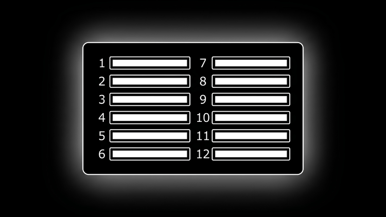 Line-art illustration of a numbered Bitcoin seed phrase backup card with 12 blank word slots in two columns, representing a recovery phrase written down for safe offline storage