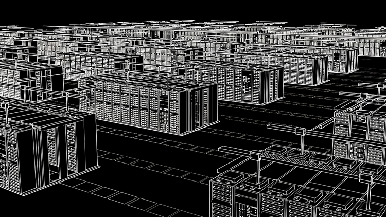 White line-art illustration of a large AI data center, with long rows of high-density server racks filling a vast data hall.