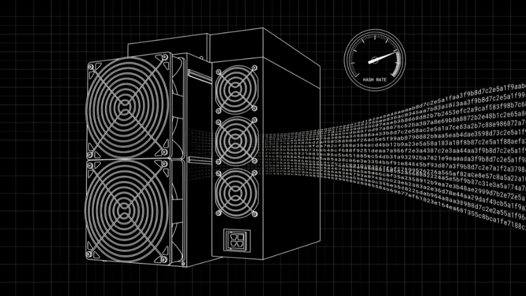 Line-art illustration of a Bitcoin ASIC miner streaming hexadecimal hashes toward a speedometer gauge labeled HASH RATE, on a black grid background, showing hashrate as hashes per second.