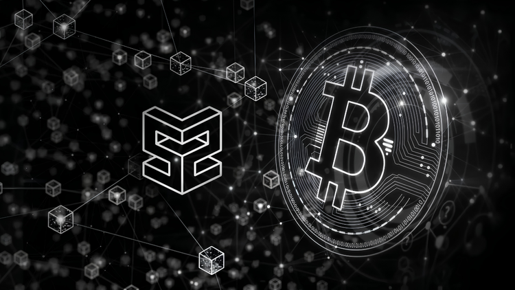 The Stratum V2 logo connecting a network of linked blockchain cube nodes to a glowing Bitcoin coin etched with circuitry and binary code on a black background.