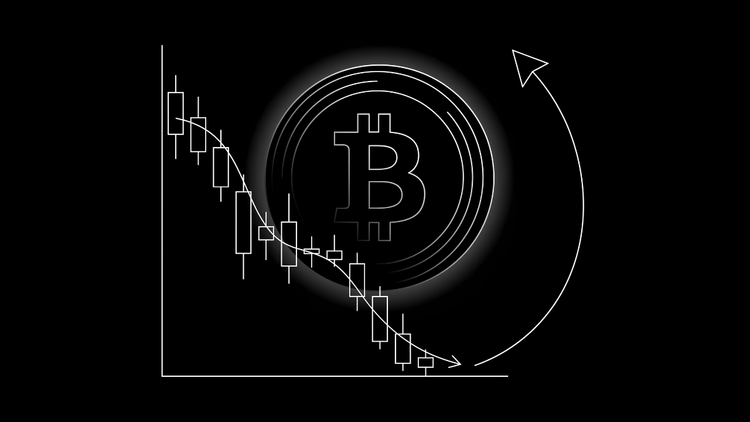 Line-art illustration of a declining Bitcoin candlestick chart with a glowing Bitcoin coin and an upward arrow looping from the downtrend, representing harvesting losses to offset gains