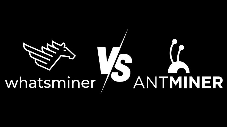 Whatsminer and Antminer logos facing off across a bold VS divider on a black background, illustrating a 2026 buyer comparison of the two leading Bitcoin ASIC miner brands.