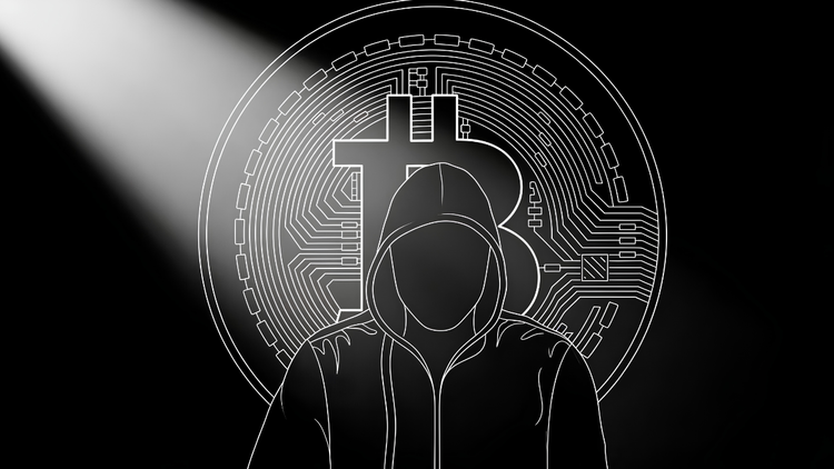 Line-art illustration of a faceless hooded figure under a spotlight in front of a circuit-style Bitcoin coin, representing Satoshi Nakamoto, the anonymous creator of Bitcoin