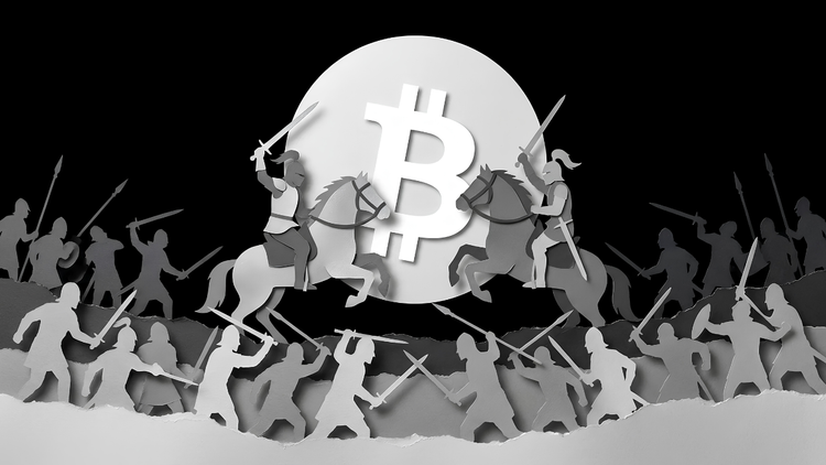 Monochrome paper-cut collage of two armies clashing, with mounted knights charging beneath a large white Bitcoin symbol moon, illustrating the BIP-110 fork debate.