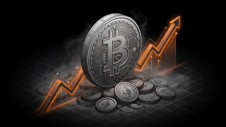 A large Bitcoin coin standing above smaller altcoin coins with a glowing orange rising chart line on a dark grid, illustrating Bitcoin's dominance over the crypto market.