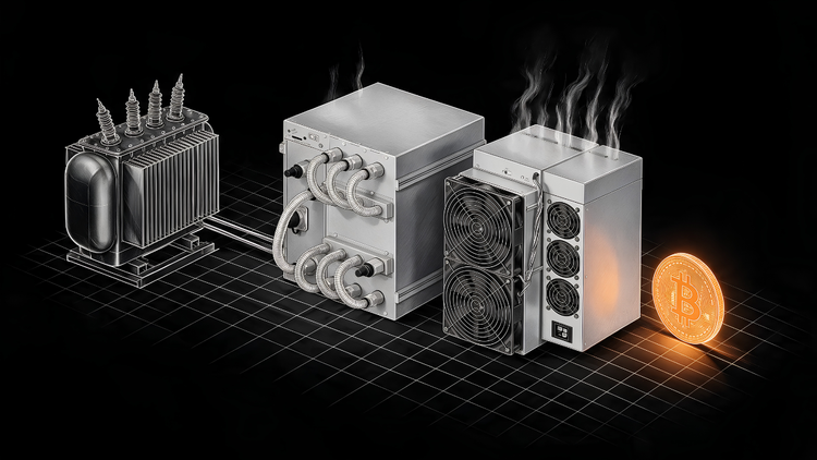 Isometric line-art illustration: a substation transformer powers a hydro-cooled ASIC miner and an air-cooled miner venting heat, producing a single glowing Bitcoin.
