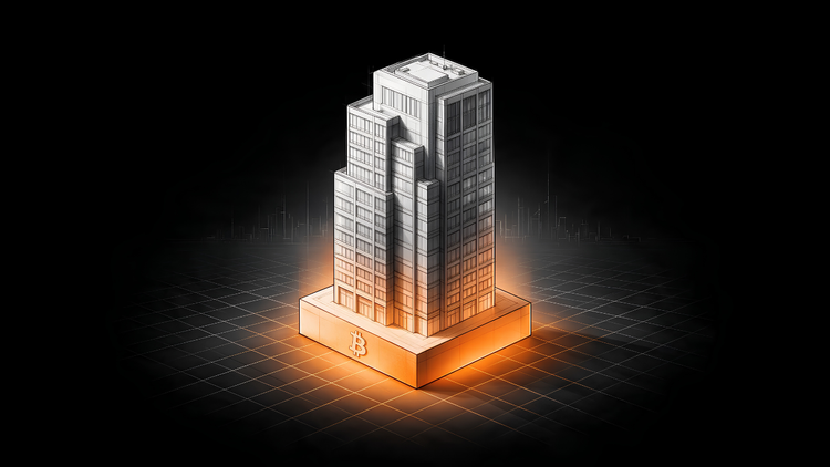 Isometric line-art illustration of a corporate office tower resting on a glowing orange foundation slab marked with a Bitcoin symbol