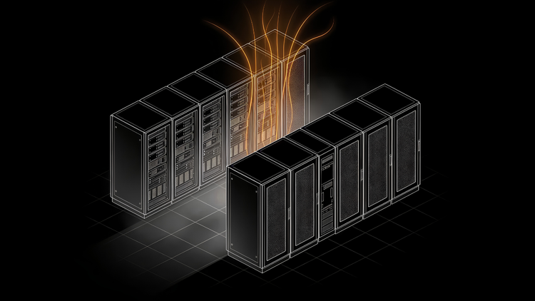 Isometric line-art illustration of two data center server rack rows on a dark grid floor, with glowing orange hot exhaust air rising between them, showing hot aisle cooling airflow.