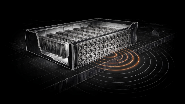 Data center noise illustration: isometric cutaway of a server hall whose fan wall emits orange sound waves fading to gray across a property-line fence toward a house.