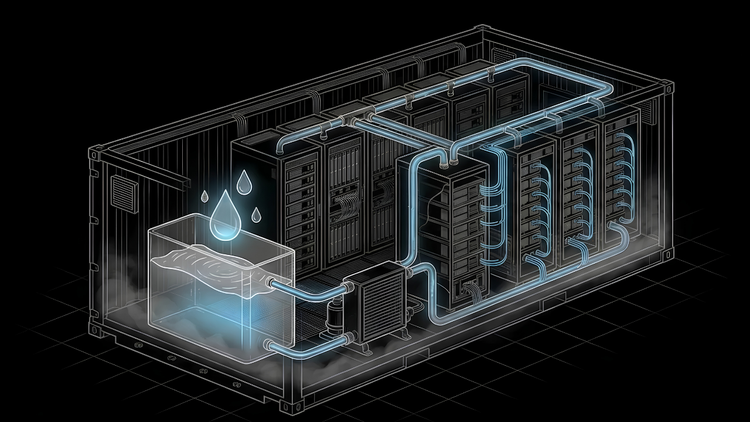 Line-art cutaway of an AI data center container showing server racks, a water reservoir, and a light-blue closed-loop water cooling system illustrating data center water use.