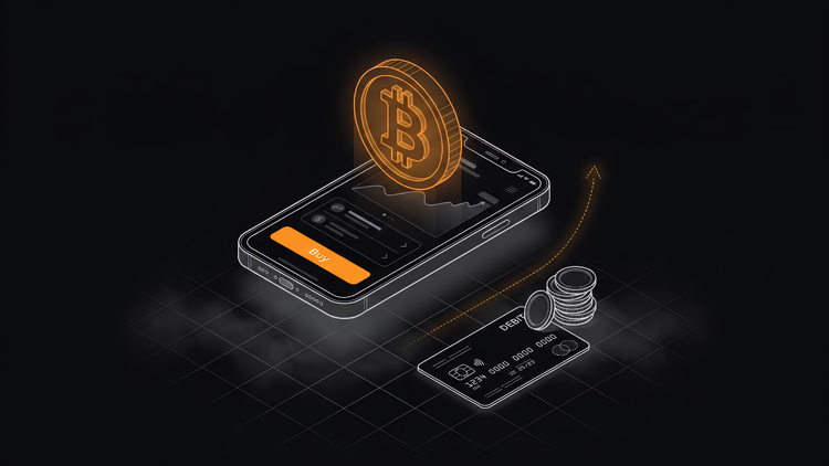 Line-art illustration of buying Bitcoin on a phone: an exchange app with a Buy button and price chart, a glowing orange Bitcoin coin, a debit card, and a stack of coins on black.
