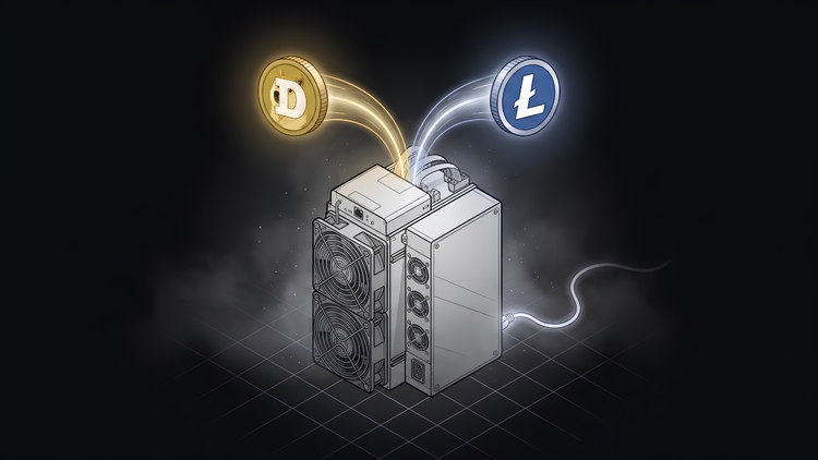 Isometric Antminer L9 Scrypt miner with gold Dogecoin and silver Litecoin coins linked by glowing streams, illustrating merged mining of DOGE and LTC on one machine