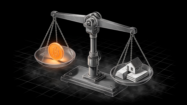 Line-art illustration of a level balance scale weighing a glowing Bitcoin against a gold bar, a house, and a stack of share certificates.