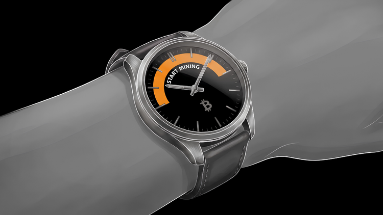  Line-art wristwatch on a gray arm; black dial with an orange 'START MINING' arc and Bitcoin symbol, hands pointing into it — the right time to start Bitcoin mining.