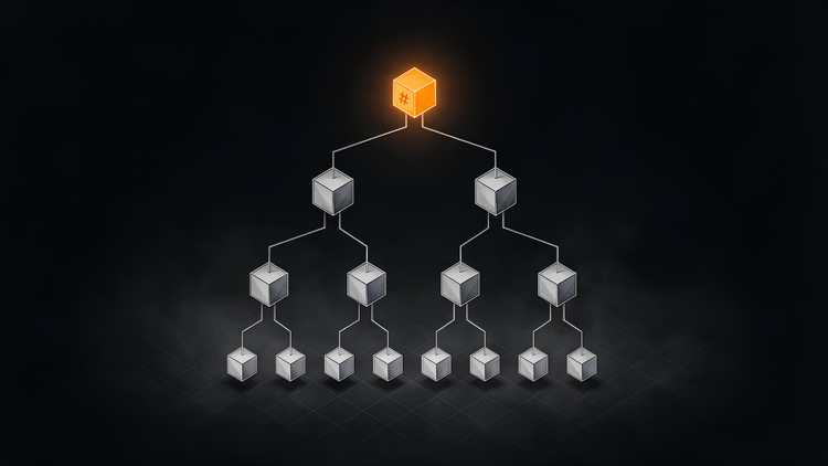 Binary Merkle tree diagram of eight leaf hash cubes pairing upward through each level into one glowing orange Merkle root hash at the top