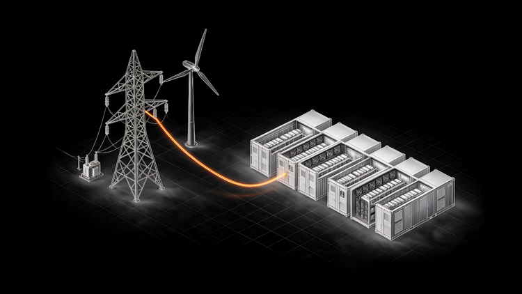 Line-art illustration of a power grid pylon and wind turbine linked by a glowing orange power line to a row of Bitcoin mining containers, showing mining as flexible demand-response load.
