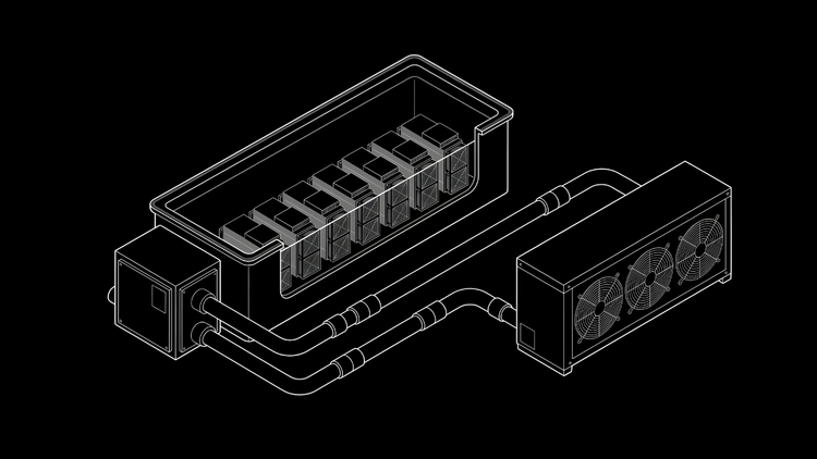 Line-art diagram of a single-phase immersion cooling loop: ASIC miners submerged in a tank, a CDU, and a dry cooler linked by coolant pipes for Bitcoin mining.