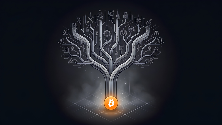 Branching circuit-tree of many Bitcoin spending scripts and signatures merging into one glowing Bitcoin coin, illustrating how Taproot makes transactions look identical